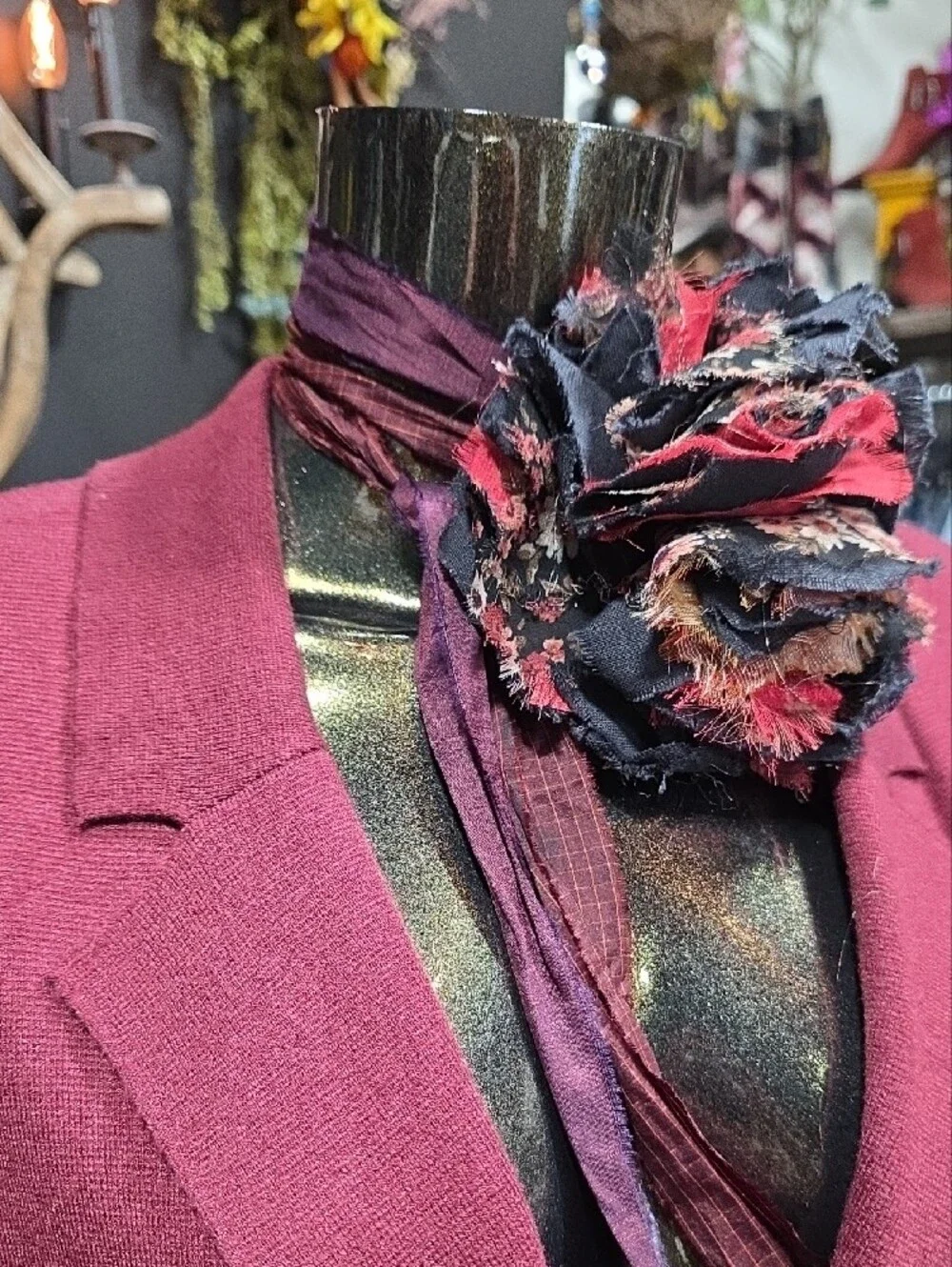 Artisan Women's Burgundy Wrap Scarf with Floral Accent -